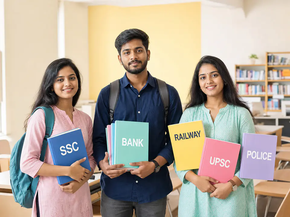 Indian students holding SSC, Bank, Railway, UPSC and Police exam preparation books
